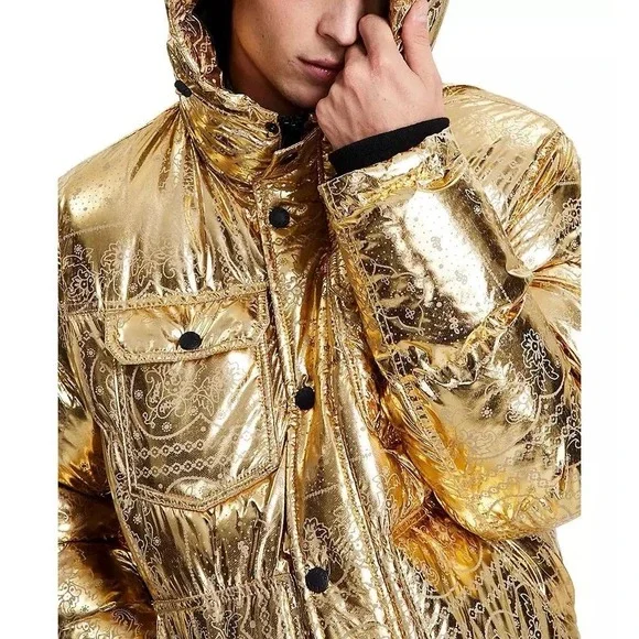 Levi's Puffer Jacket Men's L Gold Bandana Paisley Quilted Hooded X2814 $225 - Picture 1 of 14